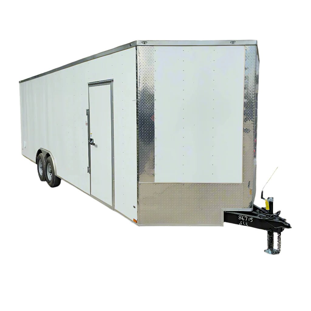 White_Background_Image_4000x4000_1ee644d6-8b50-4c81-8c14-be773bc99e4c.jpg 8.5x26 V-Nose White Enclosed Trailer (2) 7K Axles 50 AMP Electrical Package & Cabinets - Image 1